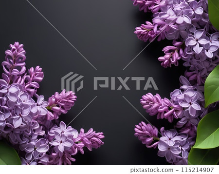 Purple lilac flowers background. Flat lay, top view aith empty copy space for text Purple lilac flowers background. Flat lay, top view aith empty copy space for text 115214907