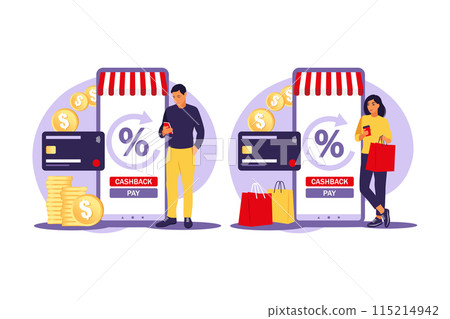 Cash back concept. Saving money. Loyalty program. Rebate program. Selling discount concept. Cash back service. Cost transfer. Vector illustration. Flat. 115214942