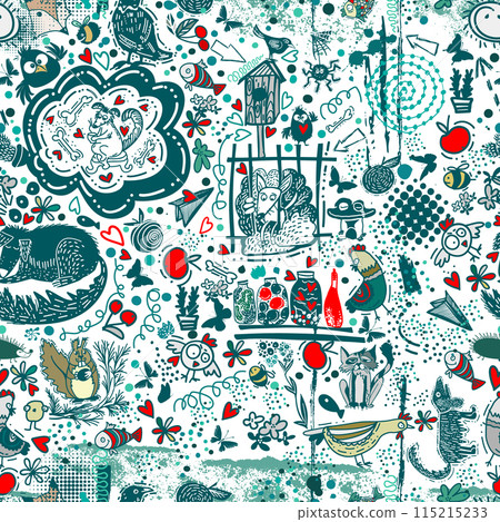 Cute animals in the village Seamless pattern. Photo wallpaper on the wall in the children's room. hand drawing. Not AI, Vector illustration 115215233