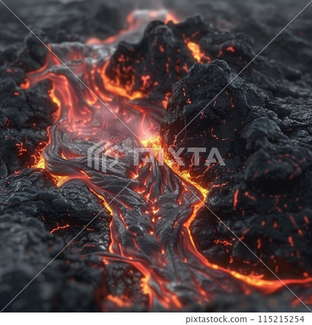Close up view of lava flowing through a solid rock formation, showing the intense heat and power of the molten lava as it moves through the rocky surface 115215254