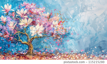 A watercolor painting depicting a magnolia tree in full bloom. The trees delicate white and pink flowers stand out against a backdrop of a bright blue sky. The painting features a realistic and 115215280