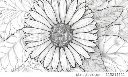 This is a black and white coloring page featuring a single daisy flower. The flower is in the center of the image with its petals spread out. 115215311