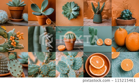 Green Cactus and Orange Collage With Teal and Orange Backgrounds 115215461