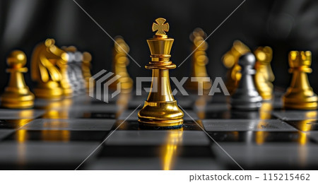 Gold King Chess Piece on Black and White Board 115215462