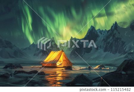 A Lone Tent Under the Northern Lights in a Snowy Mountain Valley 115215482