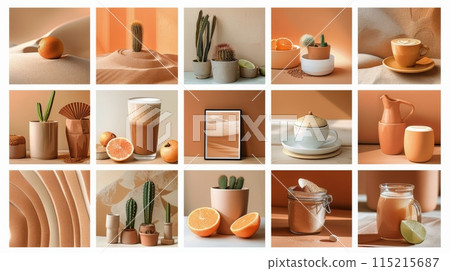 Green Cactus and Orange Collage With Teal and Orange Backgrounds Green Cactus and Orange Collage With Teal and Orange Backgrounds 115215687