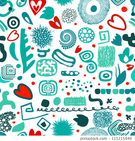 Seamless trendy pattern on a white background of colored different elements. hand drawing. . Trendy colors. Not AI, Vector illustration Seamless trendy pattern on a white background of colored different elements. hand drawing. . Trendy colors. Not AI, Vector illustration 115215840