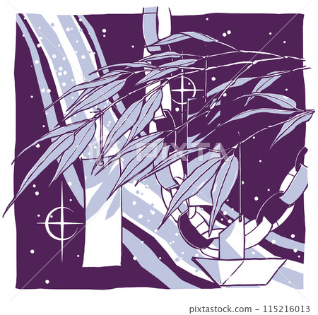 A close-up of a simple Tanabata decoration branch with the Milky Way crossing the night sky in the background. Brush-drawn and painted in two colors. 115216013