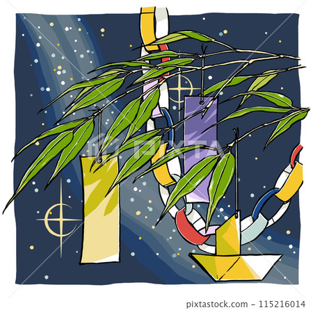 A close-up of a simple Tanabata decoration branch with the Milky Way crossing the night sky in the background. Brush-drawn and matte-painted 115216014