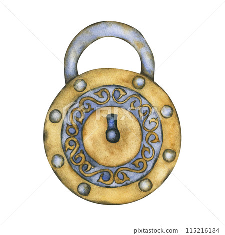 Old Lock. Vintage Padlock isolated isolated on white background. Hand drawn Watercolor illustrations. Antique door lock in Retro style 115216184