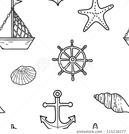 Marine Hand drawn Seamless Pattern with cute Ship, Boat, Nautical Anchor and Steering Wheel. Sea shells and sea star. Vector illustration, line art. For fabric, wallpaper and marine beach design. 115216277