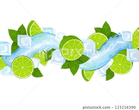 Lime fruit, mint leaves, ice cubes and splash. 3d vector beverage. Explosion with citrus slices 115216390