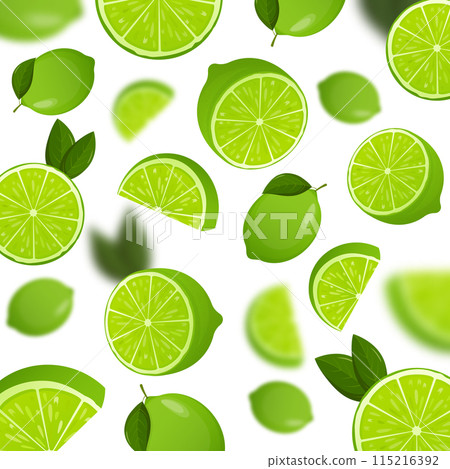 Lime background. Flying whole, half and slices 115216392