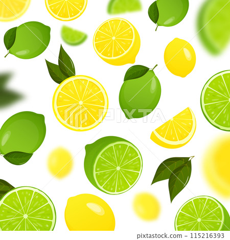 Lime and lemon background. Flying whole, half and slices of fresh lime and lemon Lime and lemon background. Flying whole, half and slices of fresh lime and lemon 115216393