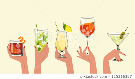 Female hand holding a glasses of cocktails. Pina colada, old fashioned, mojito, aperol, martini Female hand holding a glasses of cocktails. Pina colada, old fashioned, mojito, aperol, martini 115216397