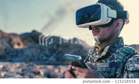 Soldier in VR glasses holds remote control like phone, portrait of man wearing military uniform. Concept of army, warfare, cyber troops, technology, future 115216558