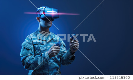 Soldier in VR glasses holds remote control, portrait of man wearing military uniform on studio background. Concept of army, intelligence, warfare, cyber troops, future 115216560