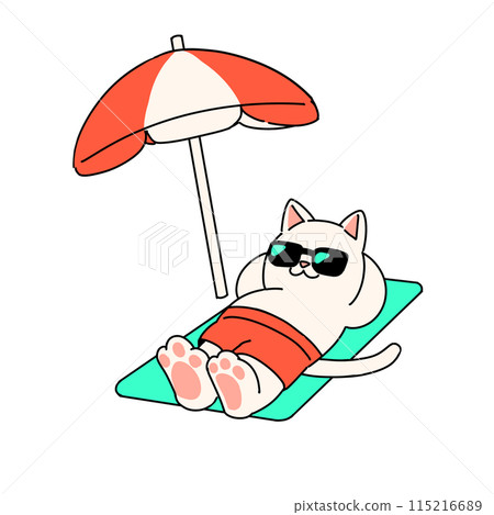Cat sunbathing on the beach 115216689