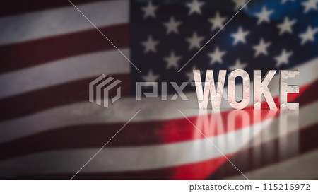 The woke text on America flag background 3d rendering. The woke text on America flag background 3d rendering. 115216972