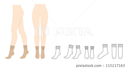 Crew Socks set on women legs and CAD flat template mockup. Hosiery Fashion accessory clothing technical illustration 115217163