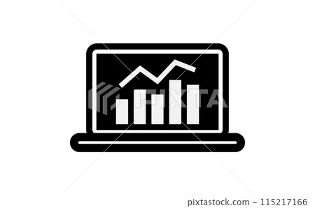 Black silhouette icon of a line and bar graph displayed on a laptop screen Black silhouette icon of a line and bar graph displayed on a laptop screen 115217166