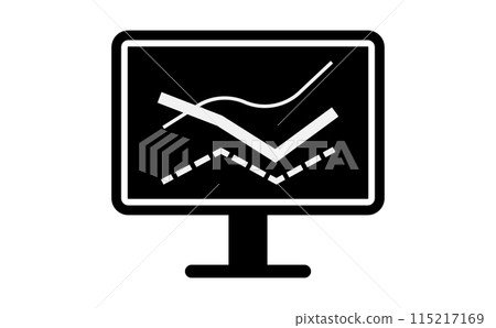 Black silhouette icon of multiple line graphs displayed on a computer screen Black silhouette icon of multiple line graphs displayed on a computer screen 115217169