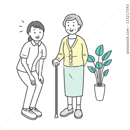 Illustration of an elderly woman and a nurse having a conversation while looking at each other and smiling 115217343