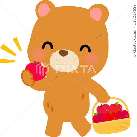 A bear walking with a basket of apples 115217658