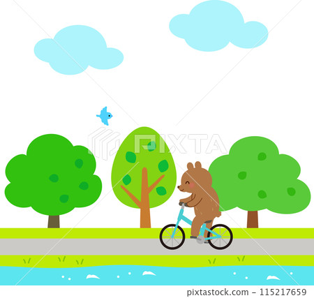 A bear character cycling along a riverside road A bear character cycling along a riverside road 115217659