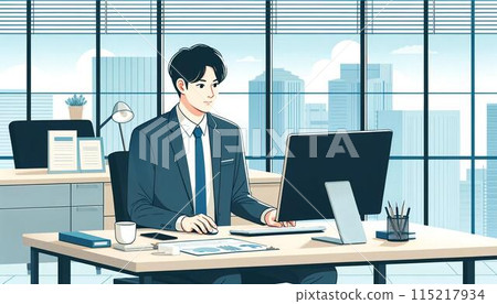 A businessman heading to a computer in the office 115217934