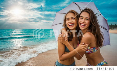 A woman in a swimsuit playing in the sea A woman in a swimsuit playing in the sea 115218405