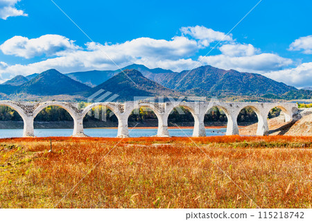 Taushubetsu River Bridge in autumn, Hokkaido 115218742