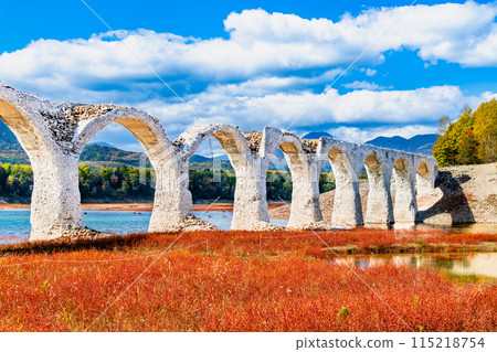 Taushubetsu River Bridge in autumn, Hokkaido Taushubetsu River Bridge in autumn, Hokkaido 115218754