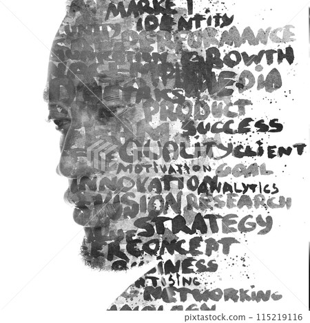 A conceptual lettering paintography portrait of a thoughtful man A conceptual lettering paintography portrait of a thoughtful man 115219116