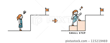 Illustration of a female student achieving a difficult goal in small steps 115219469
