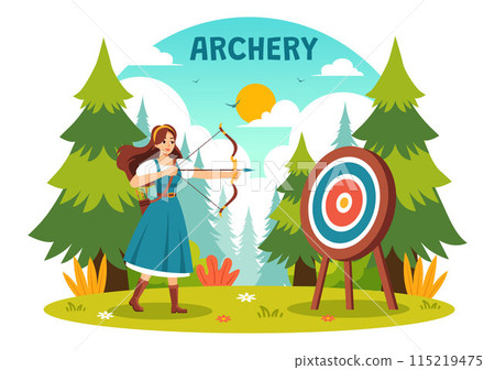 Vector Illustration of Archery Sport with a Bow and Arrow Aiming at a Target, Depicting an Outdoor Recreational Activity in a Flat Cartoon Background Vector Illustration of Archery Sport with a Bow and Arrow Aiming at a Target, Depicting an Outdoor Recreational Activity in a Flat Cartoon Background 115219475