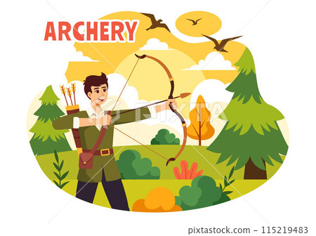 Vector Illustration of Archery Sport with a Bow and Arrow Aiming at a Target, Depicting an Outdoor Recreational Activity in a Flat Cartoon Background 115219483
