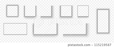 Set of paper page or packing box shadow effects. Soft blurry shapes. Square and rectangle shades isolated on transparent background. Vector realistic illustration 115219587