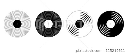 Vinyl records icons. LP or long play music discs isolated on white background. DJ equipment for disco or techno party. 70s 80s 90s discotheque nostalgia concept. Vector graphic illustration 115219611