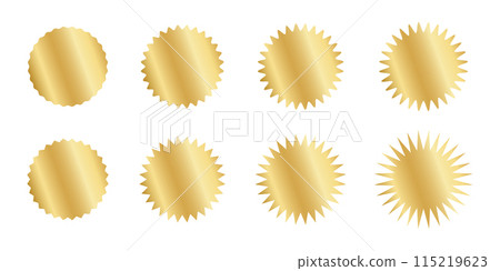 Set of gold circle stickers with wavy borders. Wiggly round shining labels, badges, price tags, stamps, sale offers isolated on white background. Vector realistic illustration 115219623