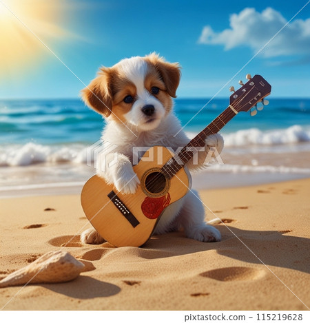 小狗在陽光明媚的海灘上彈吉他 115219628