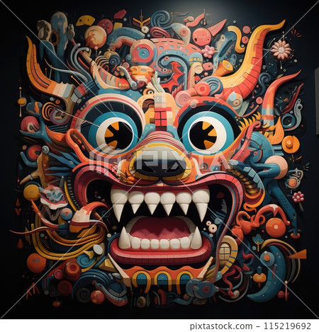 Cartoon cute doodles Monster Face illustration. Funny vector artwork. 115219692