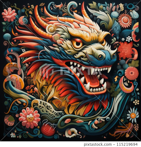 Colorful vector illustration of a dragon head and flowers on a black background 115219694
