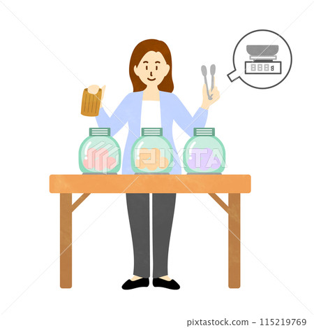 一個女人選擇按重量出售的產品的簡單說明 115219769