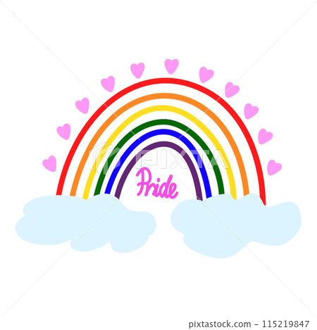 Colourful rainbow with clouds and small hearts. Hand lettering pink. Concept month pride, lgbtq  115219847