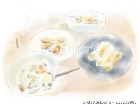 Stew and bread on the table hand-drawn illustration Stew and bread on the table hand-drawn illustration 115219985