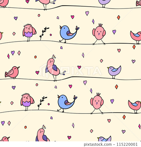 Seamless pattern with funny colorful birds sitting on wires. Color flat vector illustration with little cartoon bird. Cute characters. Template design for invitation, flyer, textile, fabric for kids Seamless pattern with funny colorful birds sitting on wires. Color flat vector illustration with little cartoon bird. Cute characters. Template design for invitation, flyer, textile, fabric for kids 115220001
