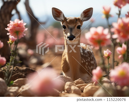 Young deer with pink flowers in the background 115220076