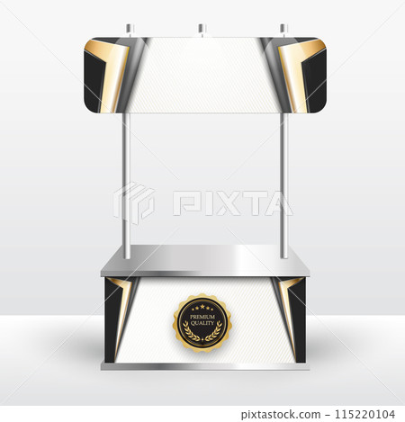 Luxury product display counter black gold Isolated from the white background. Display tables for sale. vector design illustration. Luxury product display counter black gold Isolated from the white background. Display tables for sale. vector design illustration. 115220104