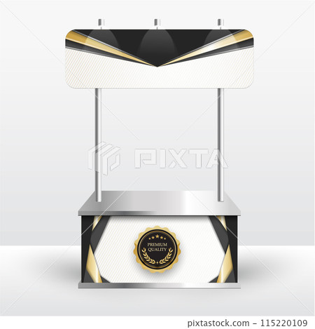 Luxury product display counter black gold Isolated from the white background. Display tables for sale. vector design illustration. 115220109
